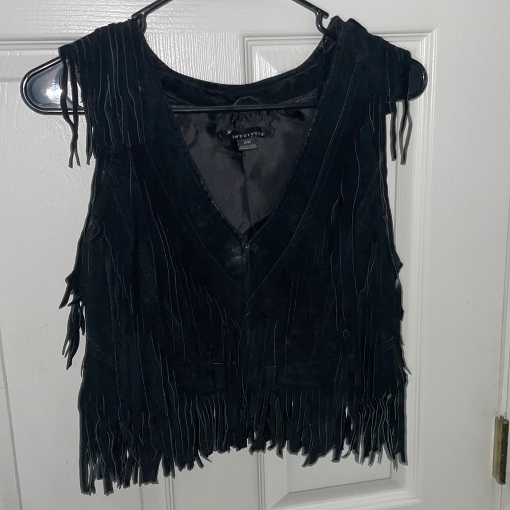 Black leather fringe, vest, size medium